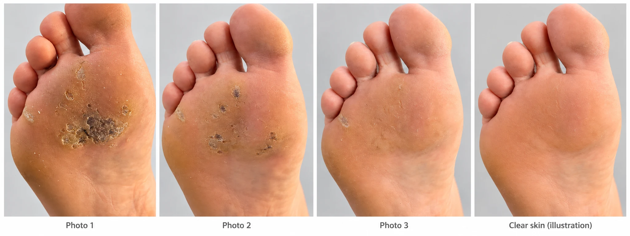 Three plantar wart progress photos followed by a fourth panel illustrating clear skin